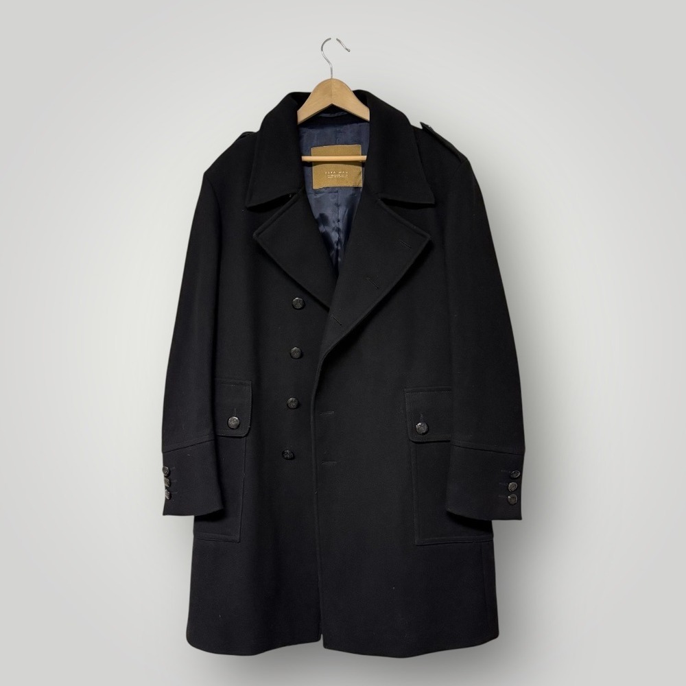Zara Man Black Wool Blend Double Breasted Military Pea Coat Jacket Mens XXL